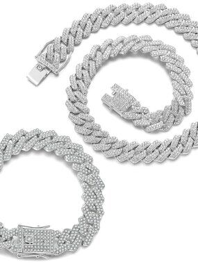 2 Pieces Cuban Link Chain Mens Iced Out Miami Cuban Necklace and Bracelet Silver